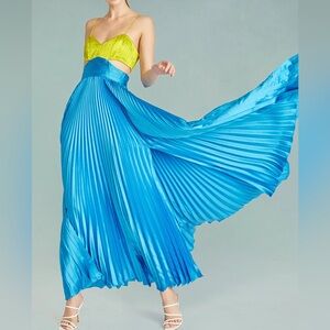 Amur Blue and‎ Lime Green Pleated Maxi Dress Elodie Gown